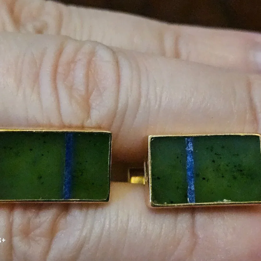 RARE DESIGNER VINTAGE GUMPS GREEN JADE JADEITE LAPIS LAZULI 14K GOLD CUFFLINKS